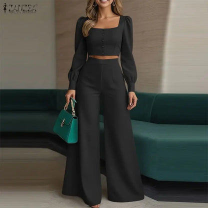 ZANZEA Fashion Autumn Outfits Street Women 2 Pieces Sets Square Neck Long Sleeve Crop Top & Wide Leg Pant Suit Work Matching Set