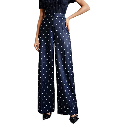 Fashionable Women's Vintage Polka-dot Wide-leg Pants, High-waisted Casual Trousers, Available in Beige, Black, Blue, and Brown.