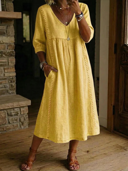 Women Summer Casual Loose V Neck Lace Splicing Midi Dress, Solid Three Quarter Sleeve Breathable Daily Vacation Dress