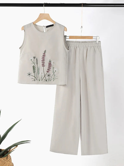 Fashion 2PCS Summer Outfits ZANZEA Sleeveless Embroidery Blouse Pant Sets Women Work OL Matching Sets Casual Holiday Tracksuits