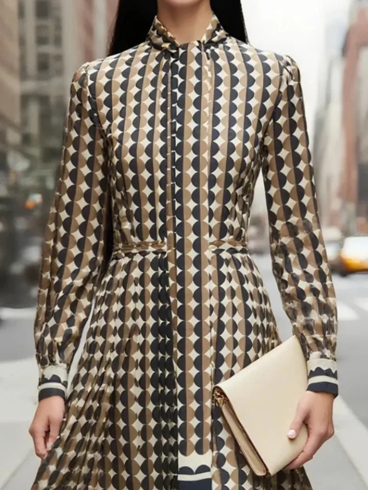 Gymystars Women's Dress Long Sleeve Stand Collar Maxi Dresses Fashion Geometric Rhombus Loose Elegant High Waist Female Rube