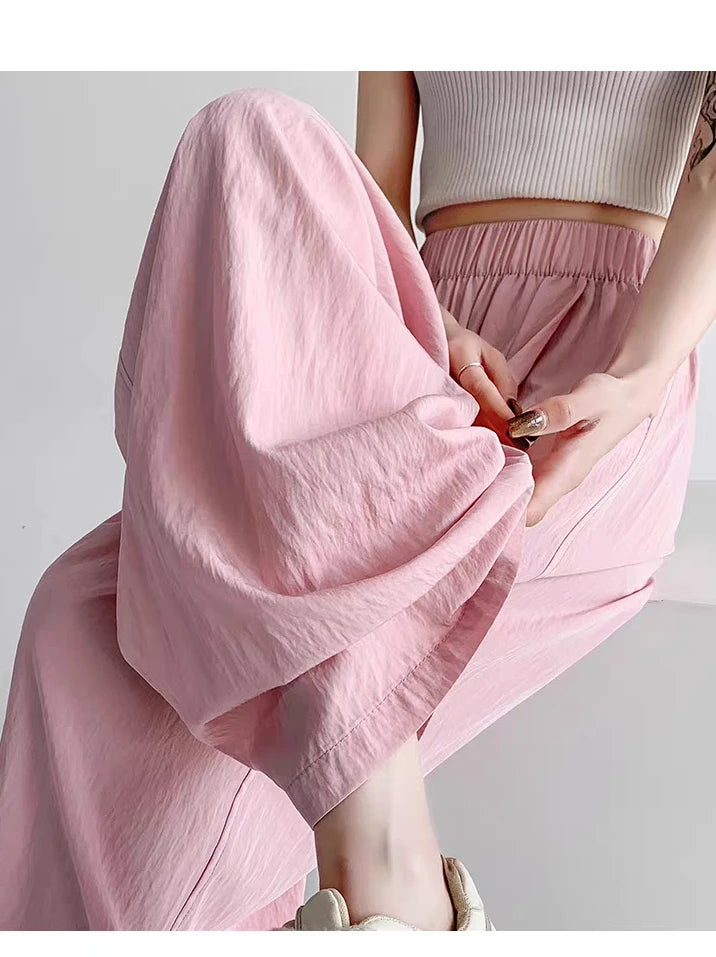 Summer Women's Wide-leg Pants Purple Thin Sunscreen Straight Pant Full Length Elastic Waist Casual Korean Fashion Trousers Women