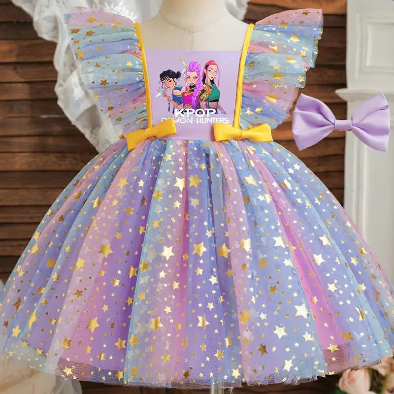 K-Pop Hunters Zoey Rumi Princess Dress for Girls Sequined Star Ruffle Bow Tutu Baby Formal Gala Prom Gown Kids Party Costume