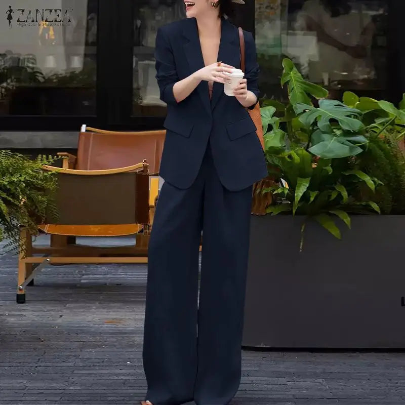 ZANZEA Women's Elegant Pant Suits Wide Leg Pant & Long Sleeve Blazer 2 Pieces Sets Woman Office Wear Casual Loose Outfits 3XL