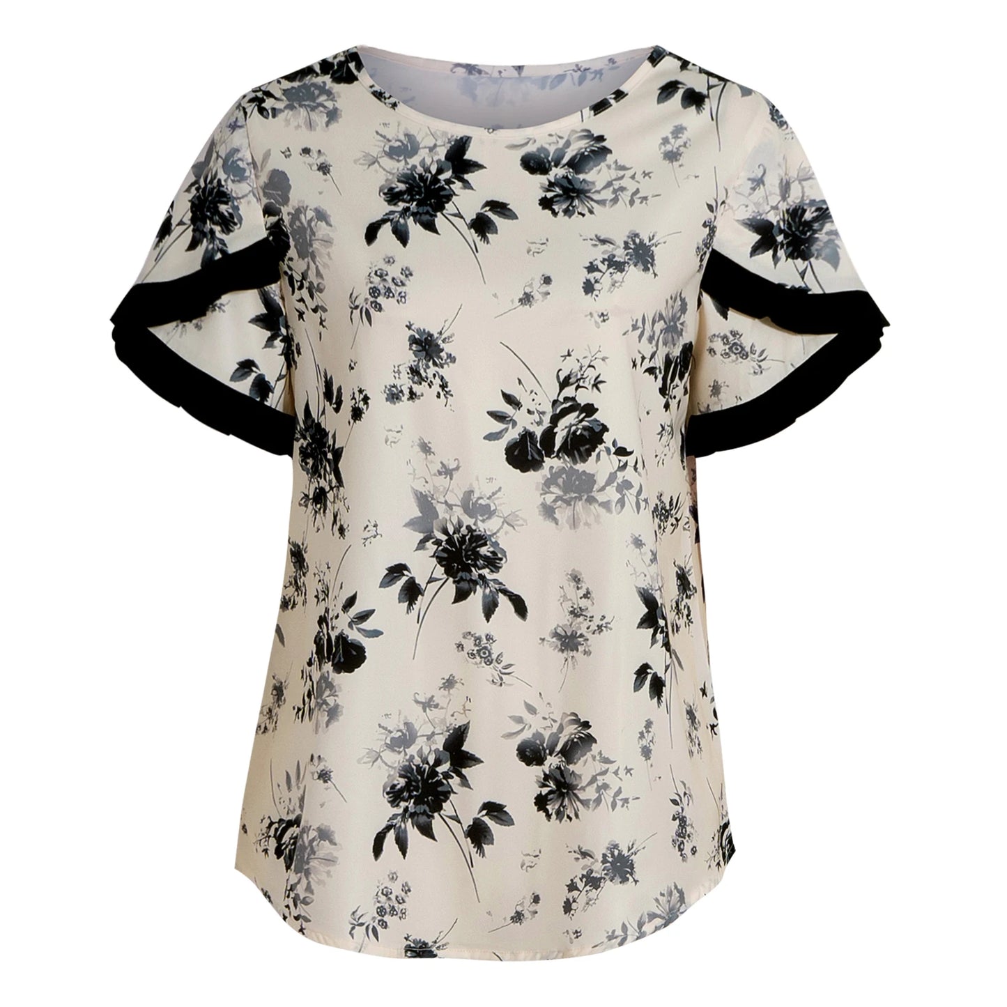 Women Floral Blouse Round Neck Ruffle Sleeve Printed Top T-Shirt Loose Fit Casual Elegant Ladies Shirt Spring Summer Daily Top