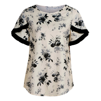 Women Floral Blouse Round Neck Ruffle Sleeve Printed Top T-Shirt Loose Fit Casual Elegant Ladies Shirt Spring Summer Daily Top