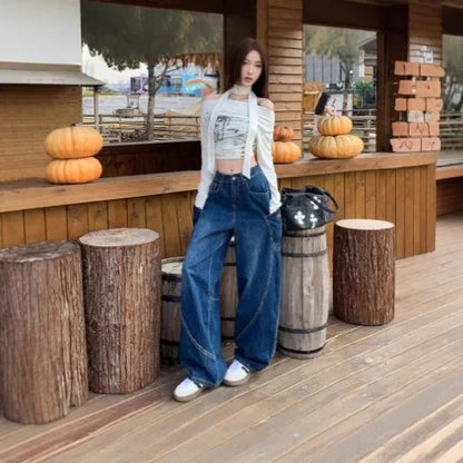 Spring Plus Size Women's Clothing High Waist Loose Fit Casual Wear Wide Leg Jeans Denim Straight Cut Full Length Pants