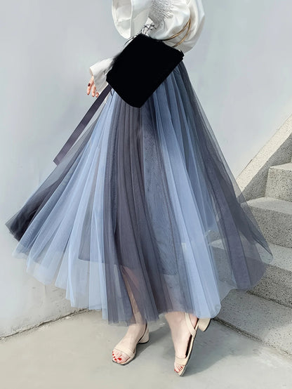 Hot Sale Summer Pleated Long Skirts A-line Elastic Waist Fairy Tiered Skirt Women 2 Layers Color Contrast Women's Skirts