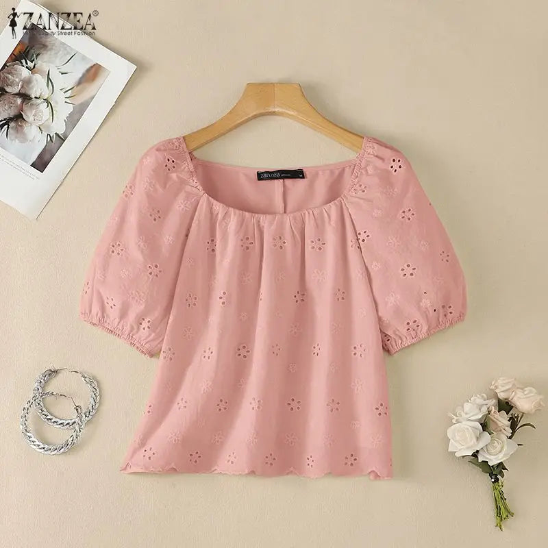 ZANZEA Women Summer Cotton Blouse Elegant Square Neck Puff Half Sleeve Casual Tops Streetwear Blusas OL Work Party Tunic