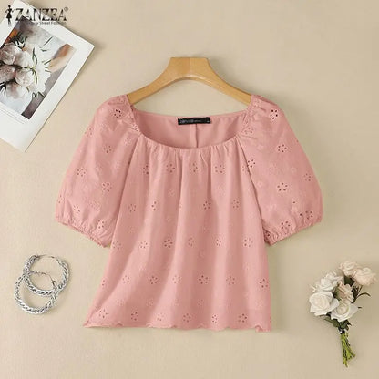 ZANZEA Women Summer Cotton Blouse Elegant Square Neck Puff Half Sleeve Casual Tops Streetwear Blusas OL Work Party Tunic