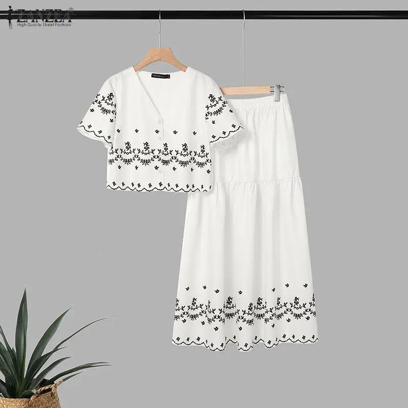 ZANZEA Bohemian 2 Piece Skirts Suits Women Summer Short Sleeve Cropped Shirt & A-Line Maxi Skirt Matching Sets Vacation Outfits