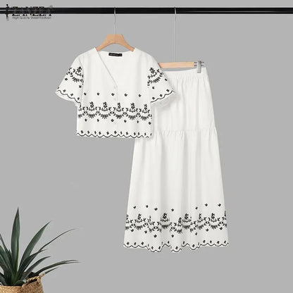 ZANZEA Bohemian 2 Piece Skirts Suits Women Summer Short Sleeve Cropped Shirt & A-Line Maxi Skirt Matching Sets Vacation Outfits