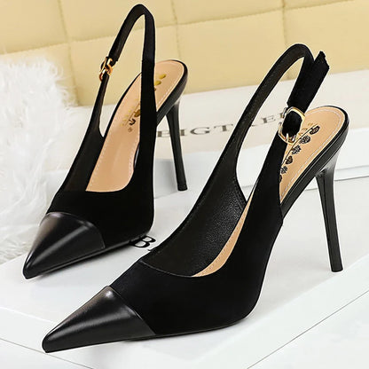 BIGTREE Shoes Suede Women Pumps Splicing Pointed Tip High Heels Hollow Out Hook Strap Heeled Sandals Women Summer Shoes Size 43