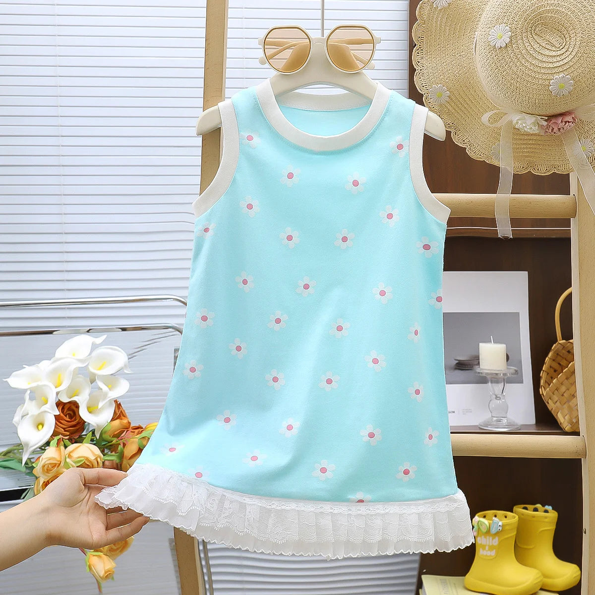 Summer Toddler Girl Dress Flowers Cotton Sleeveless Children Dress Lace Trim Kids Sundress Slip Dress Fashion Girls Clothing