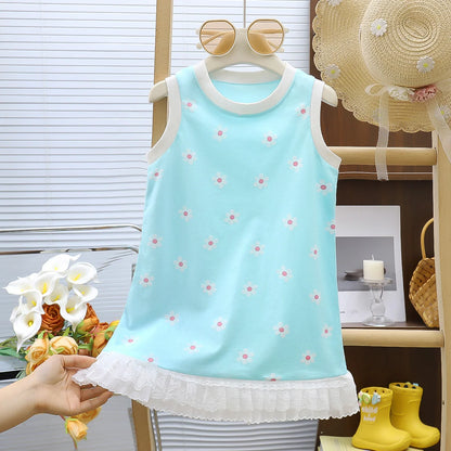 Summer Toddler Girl Dress Flowers Cotton Sleeveless Children Dress Lace Trim Kids Sundress Slip Dress Fashion Girls Clothing