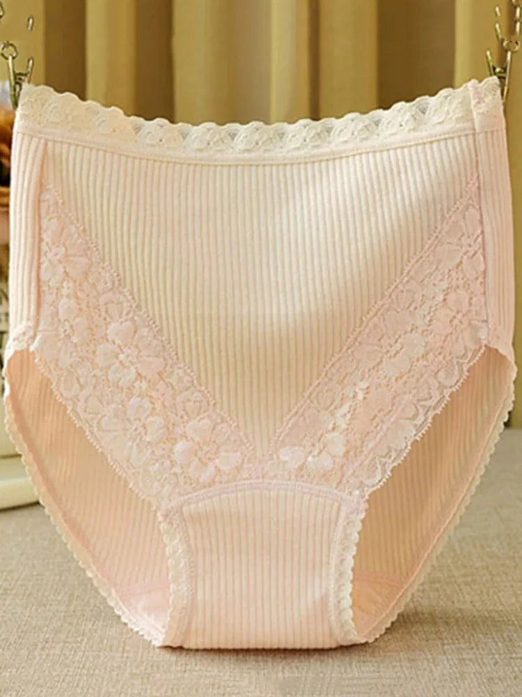 Women High-Waist Cotton Underwear Breathable Seamless Lace Trim Comfortable  Panties