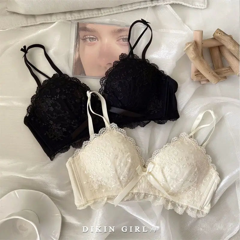 Sexy Lace Embroidered Bra Set with Small Chest Gathered for Collection, Accessory Breasts Without Steel Rims, Underwear Set