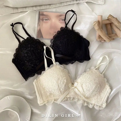 Sexy Lace Embroidered Bra Set with Small Chest Gathered for Collection, Accessory Breasts Without Steel Rims, Underwear Set
