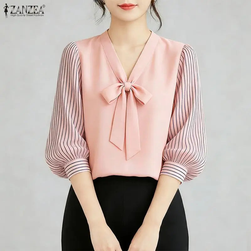 ZANZEA Women's Elegant Bow Tie Neck Blouses Summer Striped 3/4 Puff Sleeve Patchwork Casual Tops Office Commute Blusas de Mujer