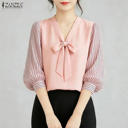 ZANZEA Women's Elegant Bow Tie Neck Blouses Summer Striped 3/4 Puff Sleeve Patchwork Casual Tops Office Commute Blusas de Mujer