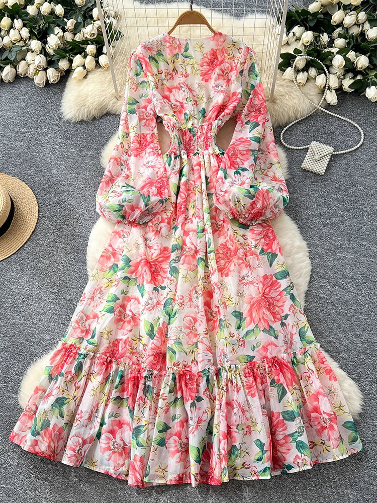 Spring Autumn French V-neck Lantern Sleeve Chiffon Dress Women Fashionable Elegant Elastic Waist Lotus Leaf Edge Length Dress L8