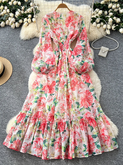 Spring Autumn French V-neck Lantern Sleeve Chiffon Dress Women Fashionable Elegant Elastic Waist Lotus Leaf Edge Length Dress L8