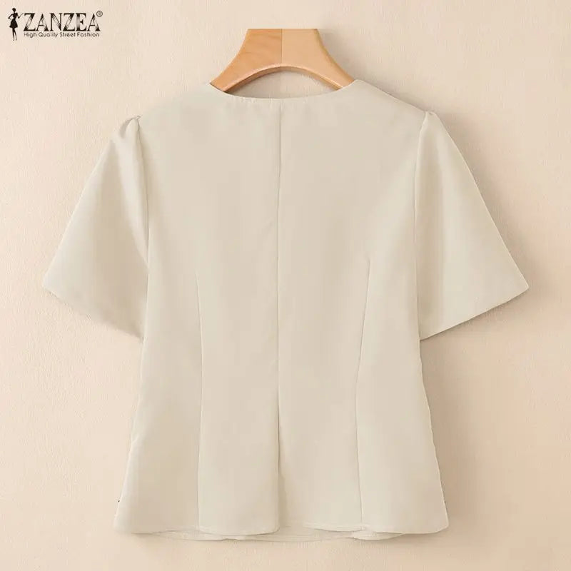 ZANZEA Women Elegant Layered Detail Blouses Summer Short Sleeve V-Neck Cinch Waist Solid Color Tops Day to Night Blusas Mujer