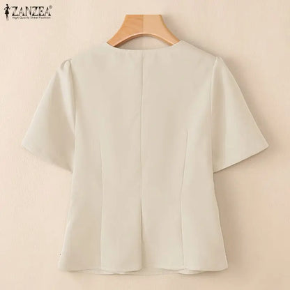ZANZEA Women Elegant Layered Detail Blouses Summer Short Sleeve V-Neck Cinch Waist Solid Color Tops Day to Night Blusas Mujer
