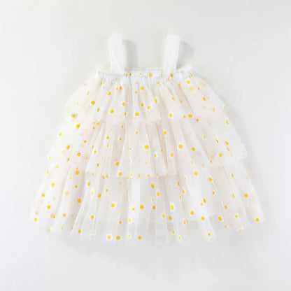 Infant Baby Girl Summer Tulle Dress 0-5T Daisy Print Tiered Cake Skirt Spaghetti Strap Princess Girl Party Dress