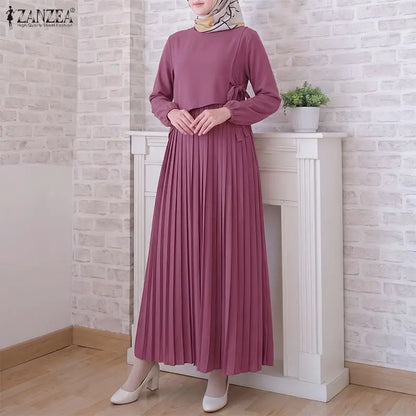 ZANZEA Elegant Muslim Abaya Dress Women O Neck Long Sleeve Pleated Sundress Solid Color Loose Maxi Long Dress Eid Ramadan Robe