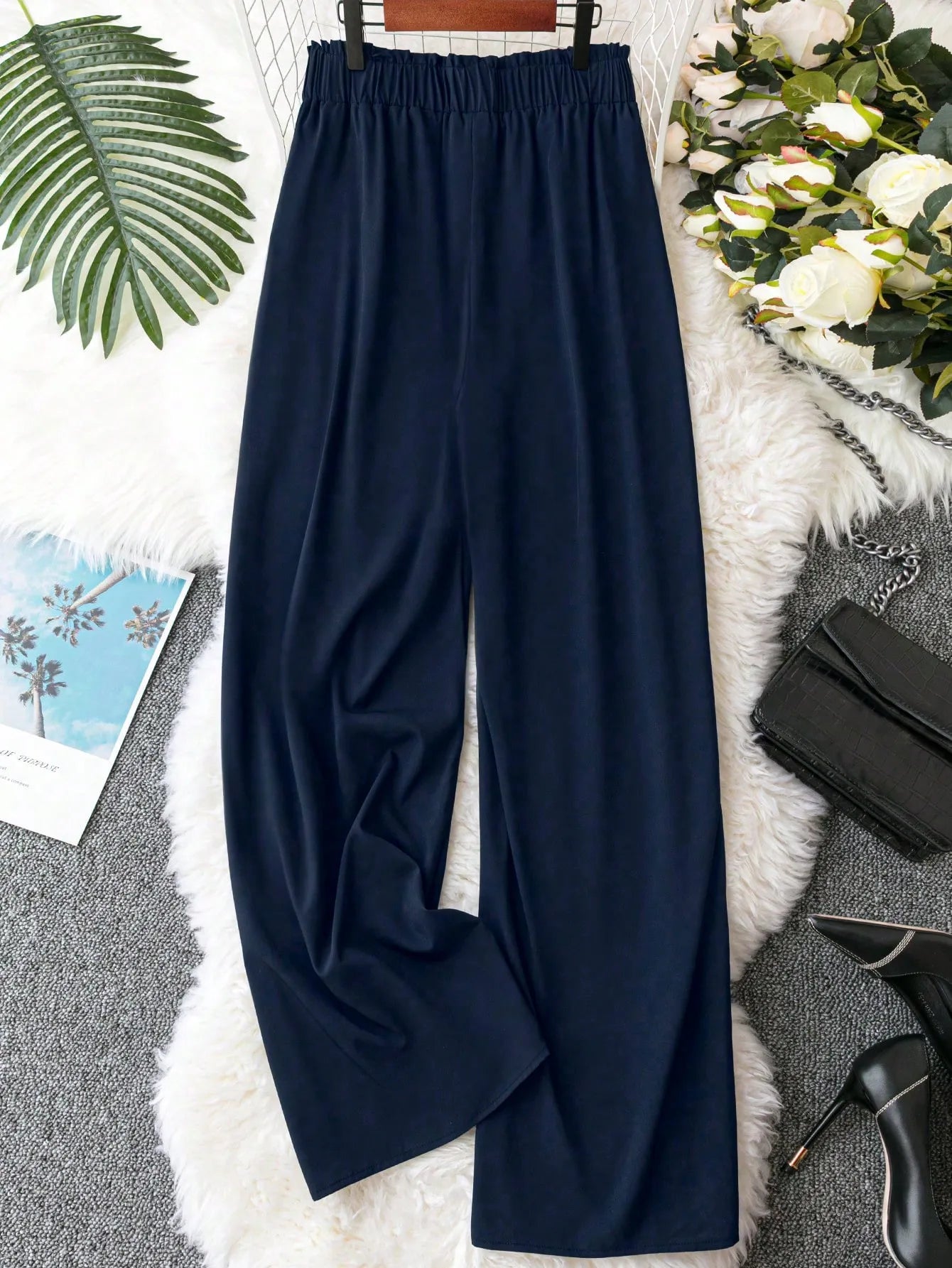 Women's Plus Size High Waist Wide Leg Pants, Casual Elastic Waist Solid Color Long Trousers For Ladies