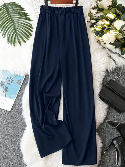 Women's Plus Size High Waist Wide Leg Pants, Casual Elastic Waist Solid Color Long Trousers For Ladies
