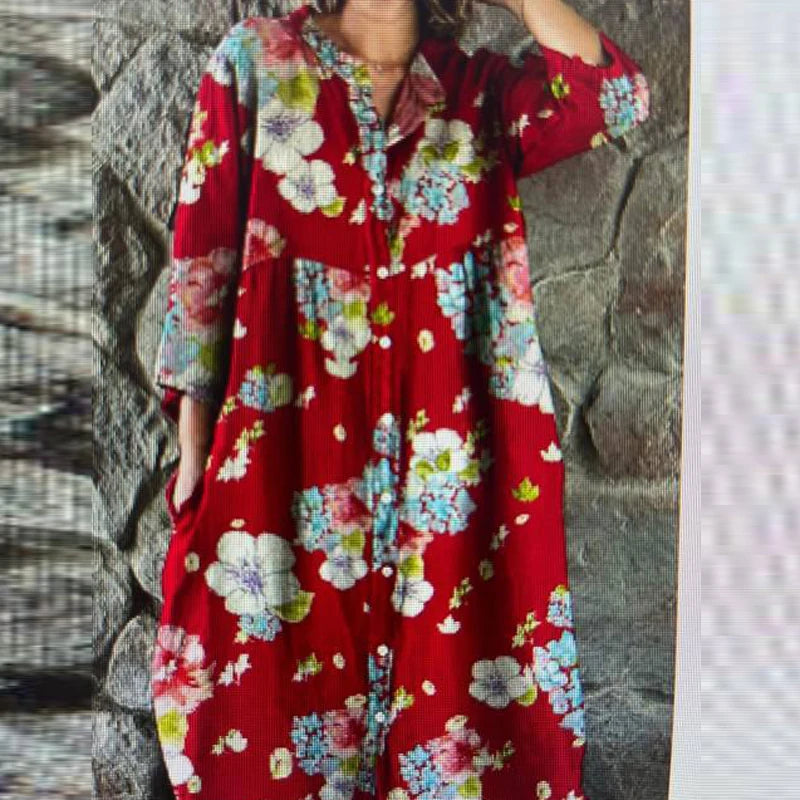 Bohemian Loose Single Breasted Dress Women's Casual O-neck Pocket Commuting Dress Spring Summer Floral Print Long Sleeved Dress