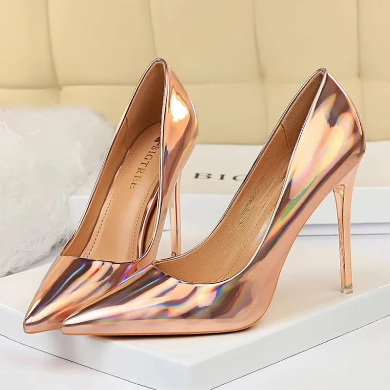 2026 Women 10.5cm High Heels Blue Green Valentine Pumps Luxury Glossy Stripper Stiletto Wedding Bridal Fetish Shoes Plus Size 43