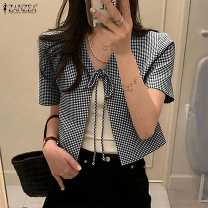 ZANZEA Women Casual Gingham Tie-Front Cardigans V-Neck Short Sleeve Short Shirts 2026 Summer Fashion Dates Daily Wear Tops