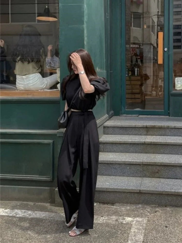 Casual Chic Wide Leg Pants Women Office Pocket Pleated Lace-up High Waist Trousers Fashion 2026 Spring Autumn Streetwear Pants