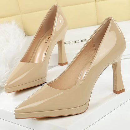 BIGTREE Shoes Platform Women Pumps Patent Leather High Heels Pointed Chunky Heels 9.5 cm Sexy Party Shoes Luxury Banquet Shoes