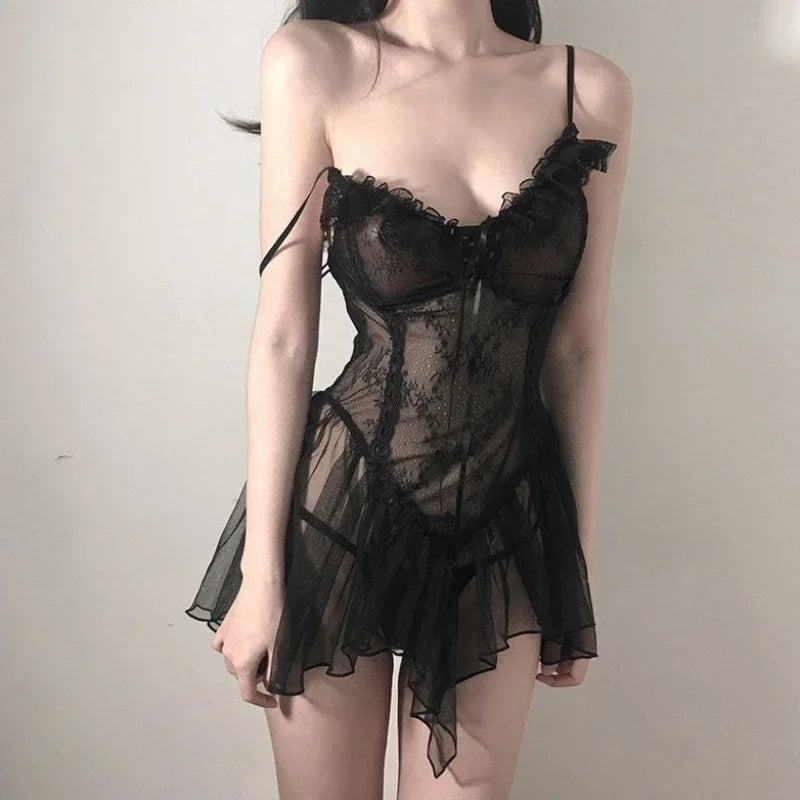 Sleepwear Women Lace Dress Babydoll Lingerie V-neck Strap Nightwear Female Underwear Lenceria Sensual Mujer Sexy