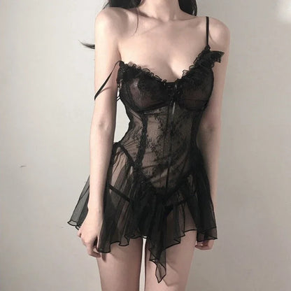 Sleepwear Women Lace Dress Babydoll Lingerie V-neck Strap Nightwear Female Underwear Lenceria Sensual Mujer Sexy