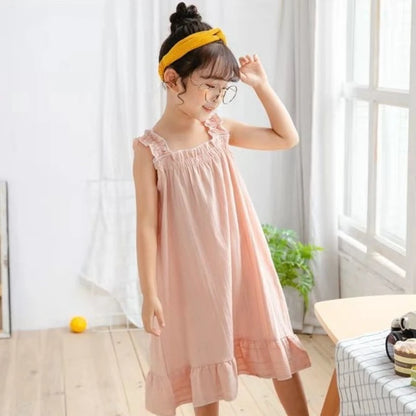 2026 New 100% Cotton Girls Summer Nightgown Thin Princess Spaghetti Strap