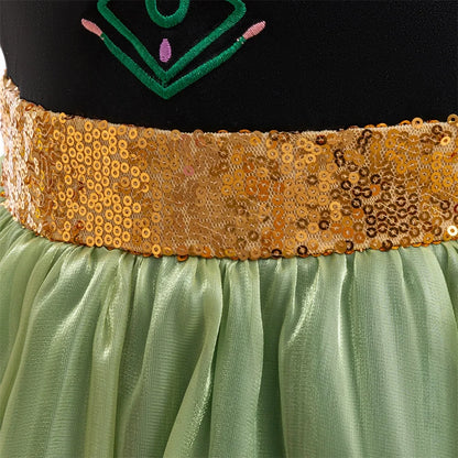 Girl Green Anna Princess Gown Kids Flower Embroidery Party Dress Girls Summer Daily Holiday Clothes Children Fashion Costumes