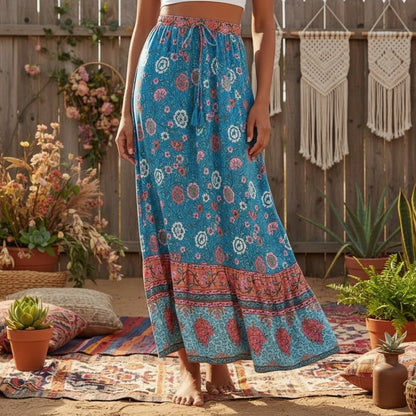 Vintage Chic Hippie Women Floral Print  Lace-up Tassel Beach Bohemian Skirt Lady Elastic Waist A-Line Vacation Boho Maxi Skirts