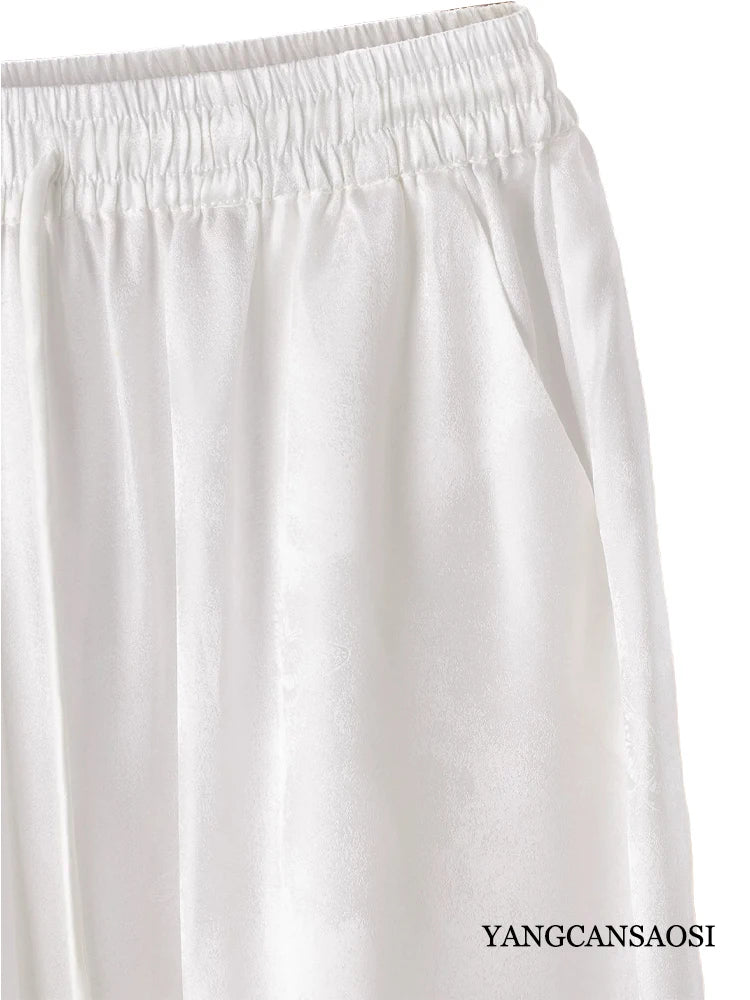 Plus Size Simple White Versatile 100% Natural Mulberry Silk SangBo Satin Drawstring Elastic Waist Women's Casual Wide Leg Pants