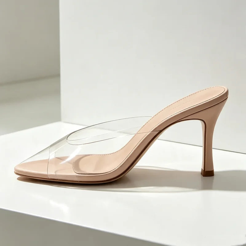 Sexy Pointed Toe Peep Toe Heeled Sandals Women Transparent PVC Design Women Slippers Summer Elegant Women Shoes Mules Sandalias