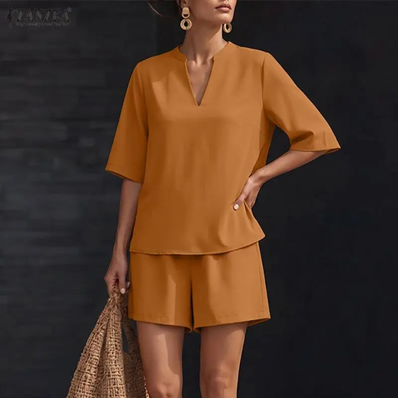 ZANZEA Fashion Women 2 Pieces Sets 2PCS V Neck Short Sleeve Blouse Short Sets Casual Solid Color OL Work Outfit Summer Tracksuit