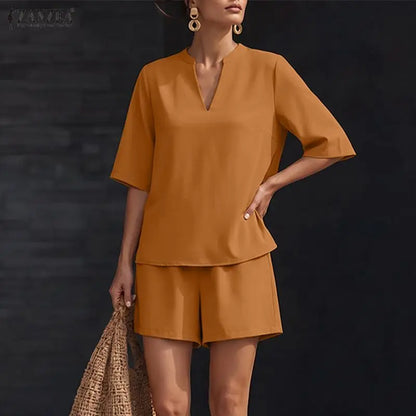 ZANZEA Fashion Women 2 Pieces Sets 2PCS V Neck Short Sleeve Blouse Short Sets Casual Solid Color OL Work Outfit Summer Tracksuit