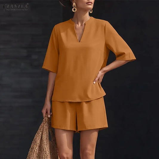 ZANZEA Fashion Women 2 Pieces Sets 2PCS V Neck Short Sleeve Blouse Short Sets Casual Solid Color OL Work Outfit Summer Tracksuit