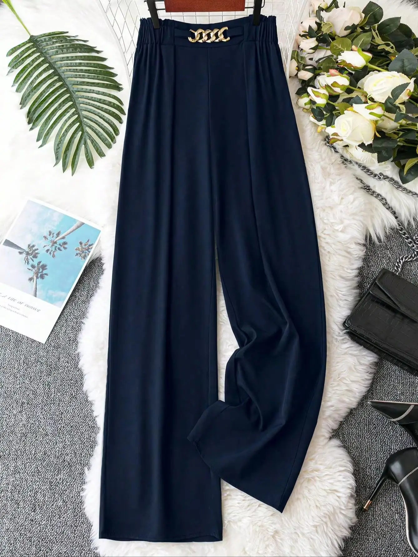 Women's Plus Size High Waist Wide Leg Pants, Casual Elastic Waist Solid Color Long Trousers For Ladies