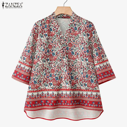ZANZEA Woman Bohemian Floral Print Blouses V-Neck 3/4 Sleeve High Low Kimono Tops 2026 Summer Casual Loose Vacation Blusas Mujer