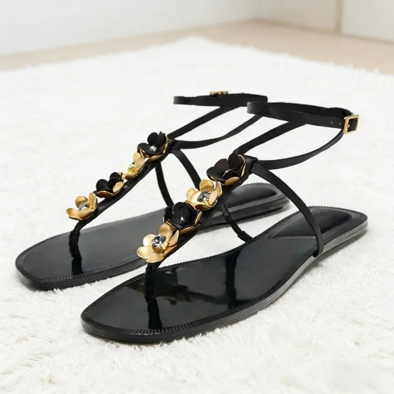 Luxury Metal Flower Decoration Flat Sandals Women Sexy Peep Toe Ankle Strap Flip Flops Summer Fashion Comfortable Beach Sandals